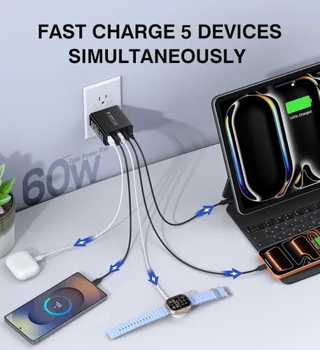 Vista 2 de [Paquete de 2] Cargador de pared USB C, bloque de cargador USB C de 60 W, bloques de carga rápida PD de 5 puertos, enchufe multipuerto 2USB C + 3USB