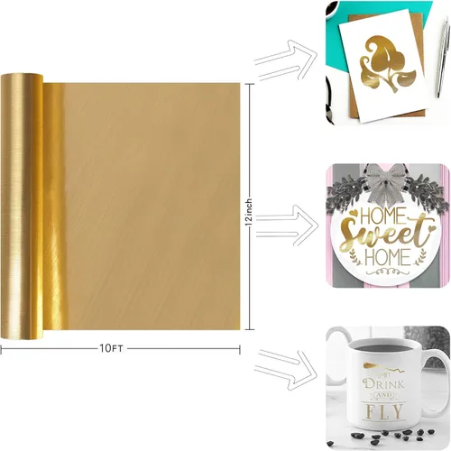 Vista 2 de Prime Vinyl Vinilo permanente, vinilo dorado cepillado compatible con máquina de corte, rollo adhesivo metálico de 12 pulgadas x 10 pies para tazas