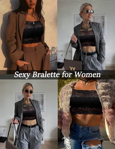 Vista 2 de Avidlove Bralette de encaje para mujer, camisolas de cuello alto, espalda cruzada, top corto de doble capa