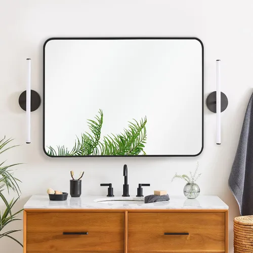 Vista 13 de Espejo rectangular de baño de 30 x 30 pulgadas con marco de metal negro, espejo rectangular de esquina redondeada para pared, moderno y grande