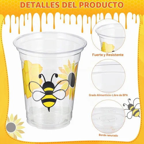 Vista 3 de Sliner 120 vasos de decoración de fiesta de abeja de miel, vasos de plástico desechables transparentes de 12 onzas, vasos de plástico para el primer