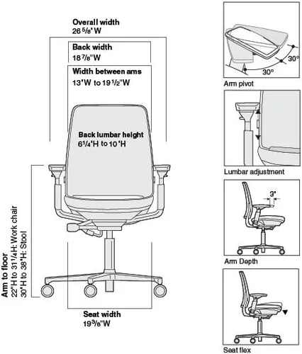 Vista 3 de Steelcase Amia Task Chair: marco platino/base de aluminio pulido - sin brazos - ruedas de piso duro