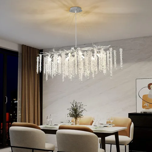Vista 9 de Candelabro Rectangular Moderno de Ramas de Árbol de Cristal, L40'' Plata Lineal Art Deco Gota de Lluvia Lámpara Colgante Interior para Isla