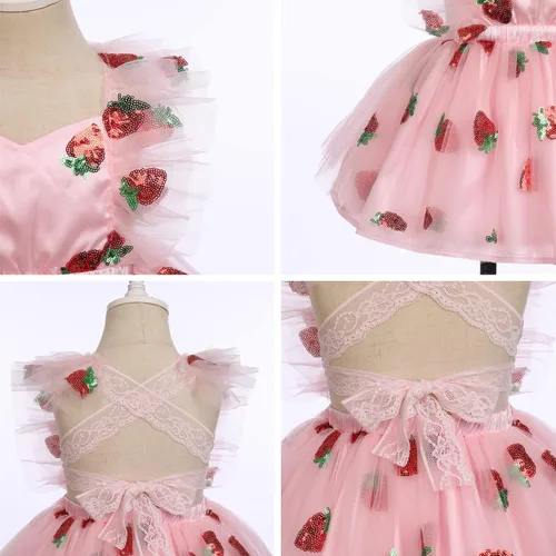 Vista 5 de IDOPIP Baby Girls Sequin Strawberry Cherry Tutu Dress Summer Backless Lace Princess Birthday Party Dress with Headband Outfit