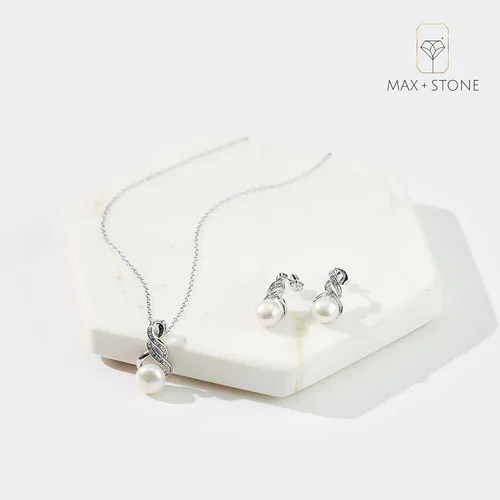 Vista 5 de MAX + STONE Juego de joyas de perlas de plata de ley con diamantes Pendientes y collar de perlas de agua dulce para mujer Juego de collar y aretes