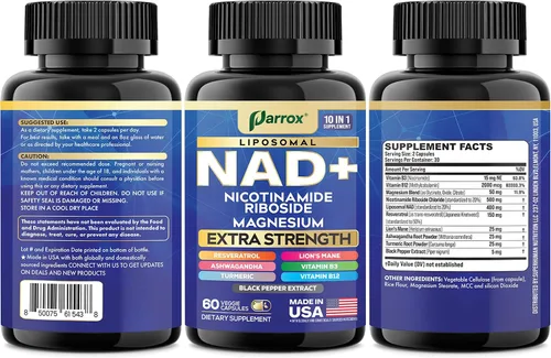 Vista 8 de Suplemento NAD+ con NAD liposomal, ribósido de nicotinamida, magnesio, vitamina B3 y B12, resveratrol, cúrcuma, Ashwagandha, melena de león, fuerza