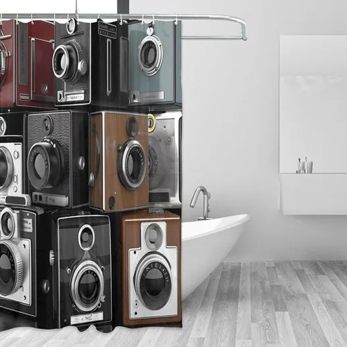 Vista 2 de Retro Cool Camera Collection - Cortina de ducha resistente y gruesa con 12 ganchos, moderna, de granja, impermeable, ligera, para decoración