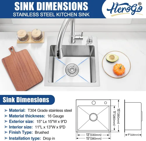 Vista 2 de Herogo Fregadero de cocina de 15 x 15 pulgadas, pequeño fregadero profundo de un solo tazón, hecho a mano para casa rodante, bar, lavandería, sala