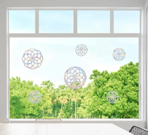 Vista 3 de 6 calcomanías de mandala para ventana para prevención de huelgas de pájaros, reutilizable, diseño de arco iris que se adhiere para salvar pájaros