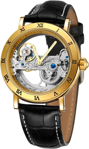 Vista 8 de FORSINING Reloj de esqueleto con correa de cuero genuino de estilo popular Movt automático de lujo para hombre Negro y blanco