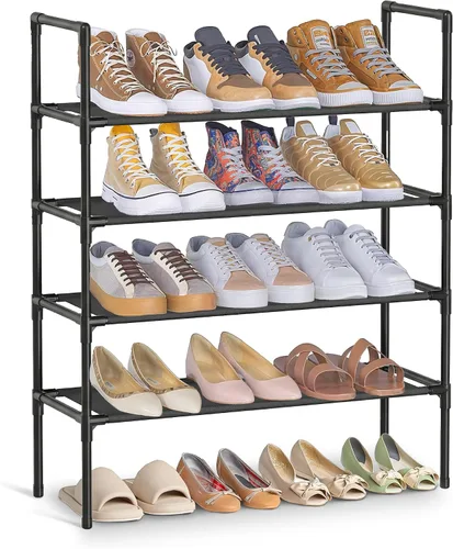 Vista 15 de SONGMICS - Estante para zapatos de 2 niveles, almacenamiento de zapatos para armario de pasillo, delgado y que ahorra espacio, marco de metal, Negro