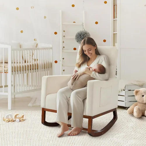 Vista 3 de Yaheetech Mecedora, moderna silla deslizante, sillón reclinable con patas de madera y bolsillo lateral, silla mecedora para guardería con respaldo