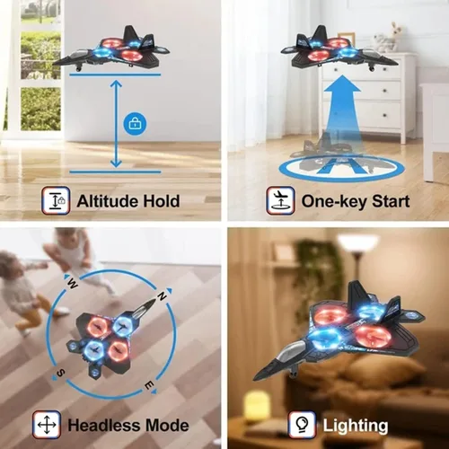 Vista 5 de V17 Avión de espuma de control remoto para niños y adultos de 8 a 16 años, avión de combate RC con luz, 2 baterías, juguete de caza de 360°, rollo