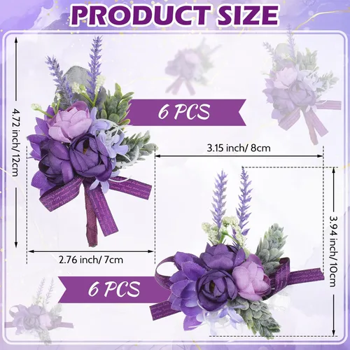 Vista 2 de Juego de 12 ramilletes de muñeca morados y boutonniere para novios, padrinos de boda, damas de honor, boda, fiesta, baile, decoración de flores