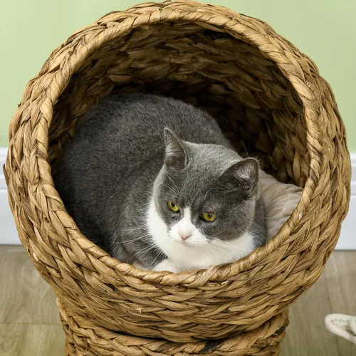 Vista 8 de PawHut Cama elevada tejida a mano para gatos con cojín suave y forma de silla de huevo, cama de cesta con soporte, casa de mimbre elevada para gatos