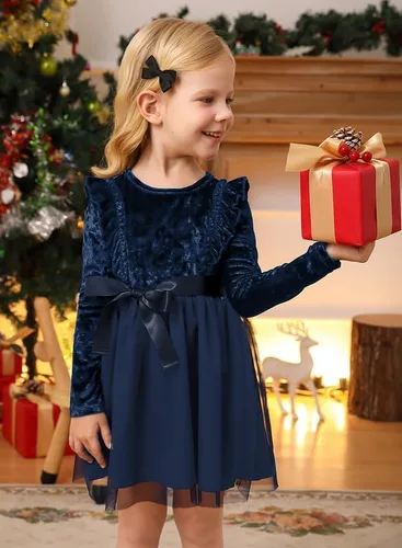 Vista 2 de IIMMER Vestido midi de tul de manga larga con volantes de terciopelo para niñas pequeñas de Navidad