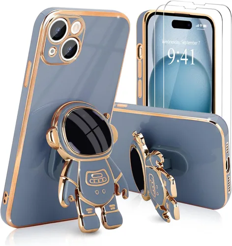 Vista 18 de Pepmune - Funda para iPhone 15 con soporte de astronauta 3D, color negro [2 Screen Protector], Luxury Electroplated Soft TPU Cover with Kickstand