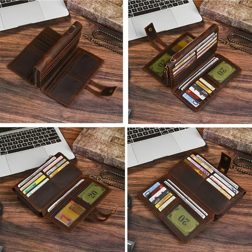 Vista 51 de Genuino Caballo Loco Cuero Regalo de Viaje Moneda Bolsillo Tarjetero Organizador Largo Cadena Rfid Cartera Monedero Con Broche Para Hombres Hombres
