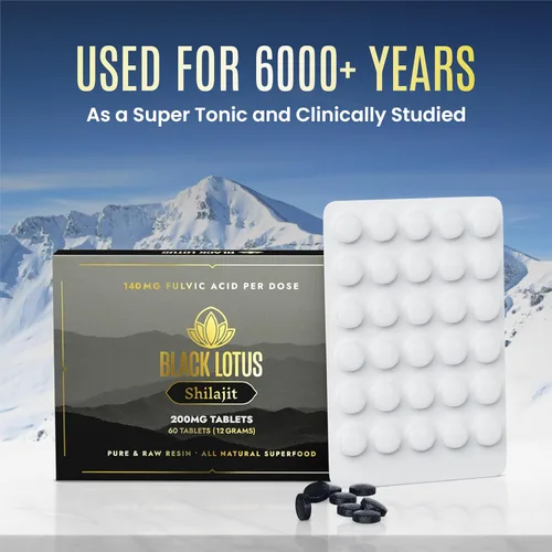 Vista 9 de Black Lotus Shilajit Tabletas de resina, 60 unidades, 200 mg cada uno, 100% Shilajit natural puro para hombres y mujeres con aminoácidos, 140 mg