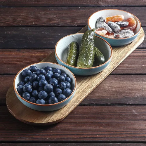 Vista 5 de Artena Juego de 6 Tazas de 177ml de Cerámica Sólida Turquesa para Chips y Dip con Bandeja de Madera de Acacia, Tazas de Servir Pequeñas de 11.4cm