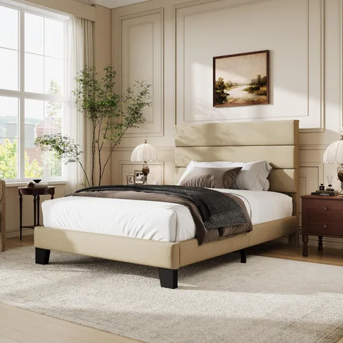 Vista 3 de WEEWAY Base de cama tamaño individual con cabecera tapizada de tela de lino y soporte de listones de madera, base de colchón resistente, no necesita