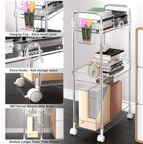 Vista 3 de SPACEKEEPER Carrito rodante de almacenamiento de acrílico de 3 niveles, organizador de carrito de baño transparente, organización de lavandería