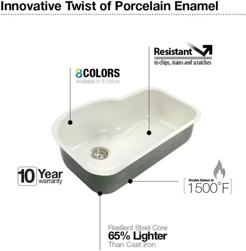 Vista 5 de Houzer PCH-3700 MT Porcela - Fregadero de cocina de acero esmaltado de 31 pulgadas, montaje inferior, compensación de un solo tazón, compatibilidad