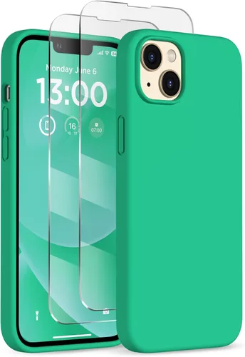 Vista 27 de Funda delgada para iPhone 13 de 6.1 pulgadas, silicona líquida a prueba de golpes, con forro de microfibra suave antiarañazos, 2 protectores