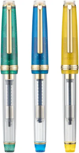 Vista 14 de 3 Jinhao 82 Pluma estilográfica acrílica transparente de color clásico mixto con punta media y borde dorado, con juego de conversor Mezcla clásica