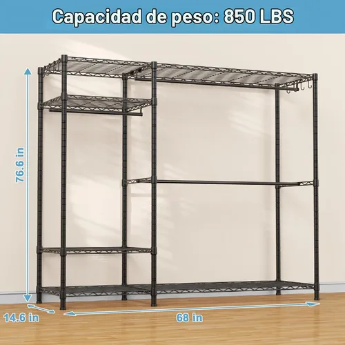 Vista 5 de F7 Plus - Perchero para colgar ropa, color negro Heavy Duty Garment Rack, 6-Tiers Freestanding Portable Closet Storage Racks 68'' W × 14.6'' D ×