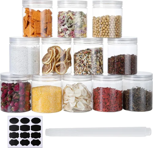 Vista 2 de Tarros de plástico de 16 onzas con tapas, paquete de 12 recipientes de plástico transparente para almacenamiento de alimentos de cocina y hogar