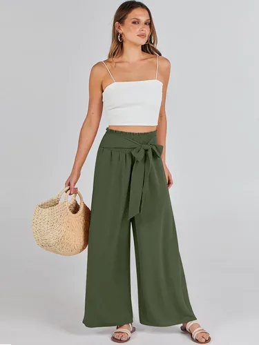 Vista 5 de Caracilia Pantalones de descanso de pierna ancha para mujer con bolsillos, cintura alta, pantalones palazzo largos y fluidos, ajustables, con nudo