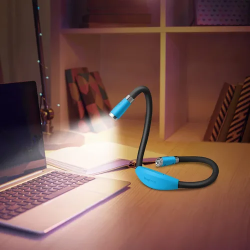 Vista 6 de Luz recargable USB para leer en la cama, 4 bombillas LED, 4 brillo ajustable, manos libres para correr o reparar la lámpara (azul)