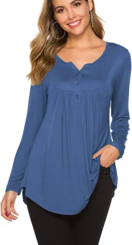 Vista 2 de Halife Blusa casual de manga larga con cuello en V para mujer, ajuste holgado, plisada