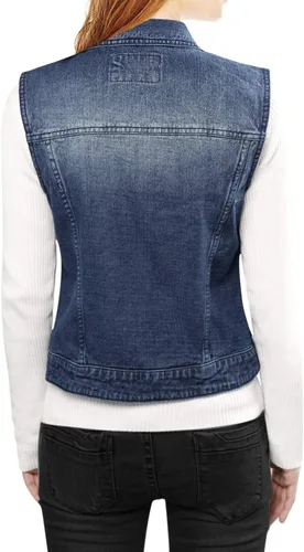 Vista 2 de Allegra K Chaleco de mezclilla lavado con botones para mujer, con bolsillos con solapa en el pecho