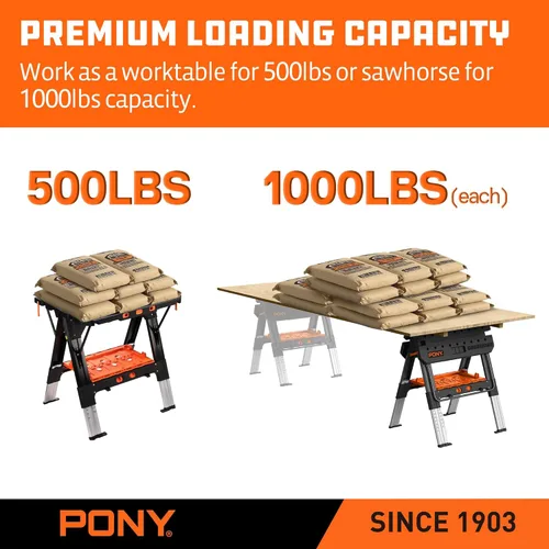 Vista 5 de Pony Portable Folding Work Table, Workbench & Sawhorse 2-in-1 Design, 31"x25"x25"-35" Height Adjustable, Heavy Duty, 4 Bench Dogs, for Woodworkers