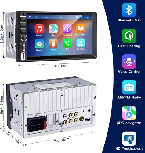 Vista 2 de Estéreo de auto doble DIN con Apple CarPlay inalámbrico y Android Auto, receptor de radio de coche con pantalla táctil de 7 pulgadas con Bluetooth