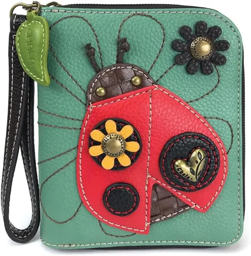 Vista 25 de Chala - Cartera con cremallera, para muñeca, 8 ranuras para tarjetas de crédito, piel sintética resistente Bluebird - Verde azulado