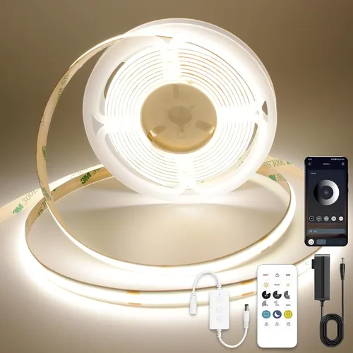 Vista 13 de AXMOTUT Tira de luces LED COB inteligentes de 9.84 pies, 24 V blanco cálido 2700 K, tiras de luz LED regulables, cinta de luz LED de alto brillo