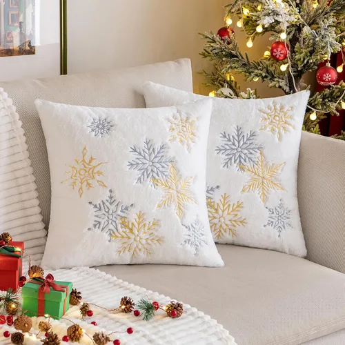 Vista 11 de MIULEE - Juego de 2 fundas de almohada decorativas de Navidad, de pelo sintético suave con bordado de copos de nieve, almohadas lindas de invierno