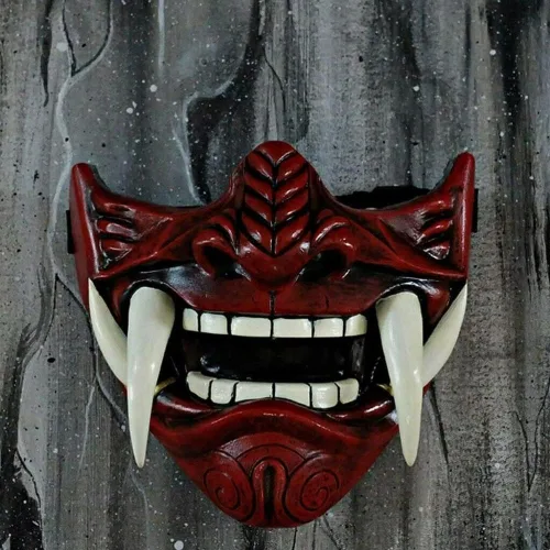 Vista 2 de asky Máscara japonesa Hannya Demon Oni Samurai NOH Kabuki Prajna Devil Media máscara Cosplay (negro)