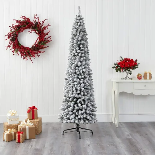 Vista 5 de Nearly Natural Árbol de Navidad artificial de lápiz flocado de 7 pies con 574 ramas flexibles