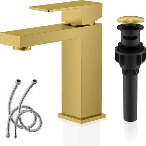 Vista 13 de KENES Grifo de lavabo de baño de una sola manija, grifos de baño negros y dorados de un solo orificio, grifo de tocador con desagüe emergente
