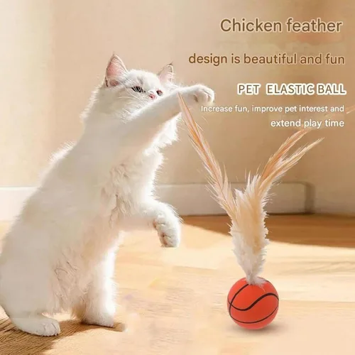 Vista 4 de Juguetes interactivos de bolas de plumas para gatos, nuevas bolas elásticas para gatos de interior, juguetes de ejercicio rodantes con plumas