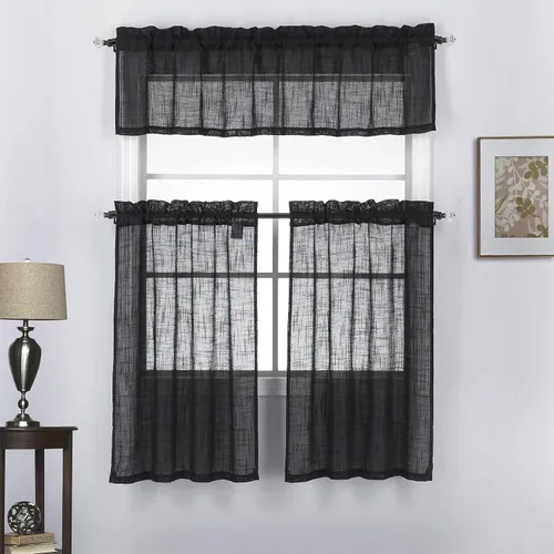 Vista 14 de Juego de 3 cortinas de lino con textura para ventana de cocina y cafetería, 24 pulgadas de largo, color negro