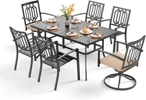 Vista 27 de PHI VILLA Juego de comedor al aire libre de 7 piezas para 6, mesa rectangular de metal negro de 60 pulgadas con agujero para sombrilla y sillas