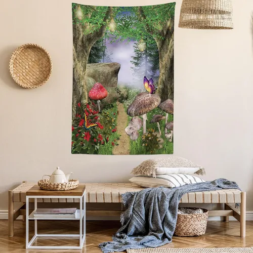 Vista 6 de Ambesonne Tapiz de hongos, camino de la naturaleza encantada, mariposas, paisaje, rocas, decoración para colgar en la pared para dormitorio, sala