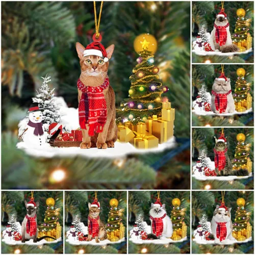 Vista 3 de NAZENTI Adorno personalizado de gato abisinio con árbol de pino, adorno de Navidad personalizado para perros amantes de las mascotas, colgante
