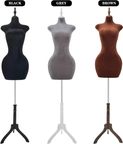Vista 6 de Torso de maniquí femenino con curvas ajustables con soporte, forma de vestido pinable para ropa (marrón, terciopelo)