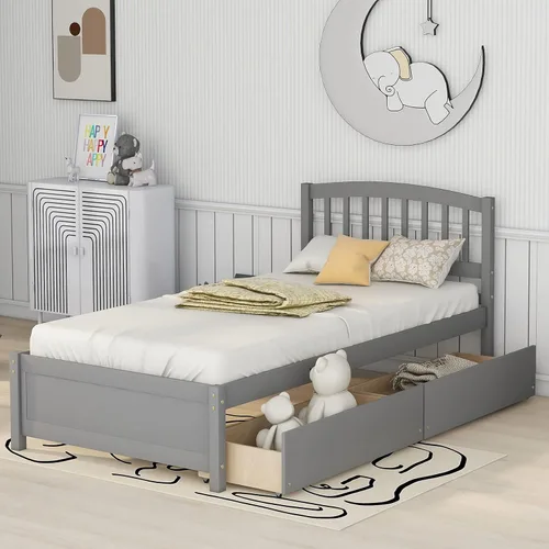 Vista 11 de Bellemave Cama de almacenamiento de plataforma individual con dos cajones, marco de cama de madera maciza con cabecero, marco de cama resistente